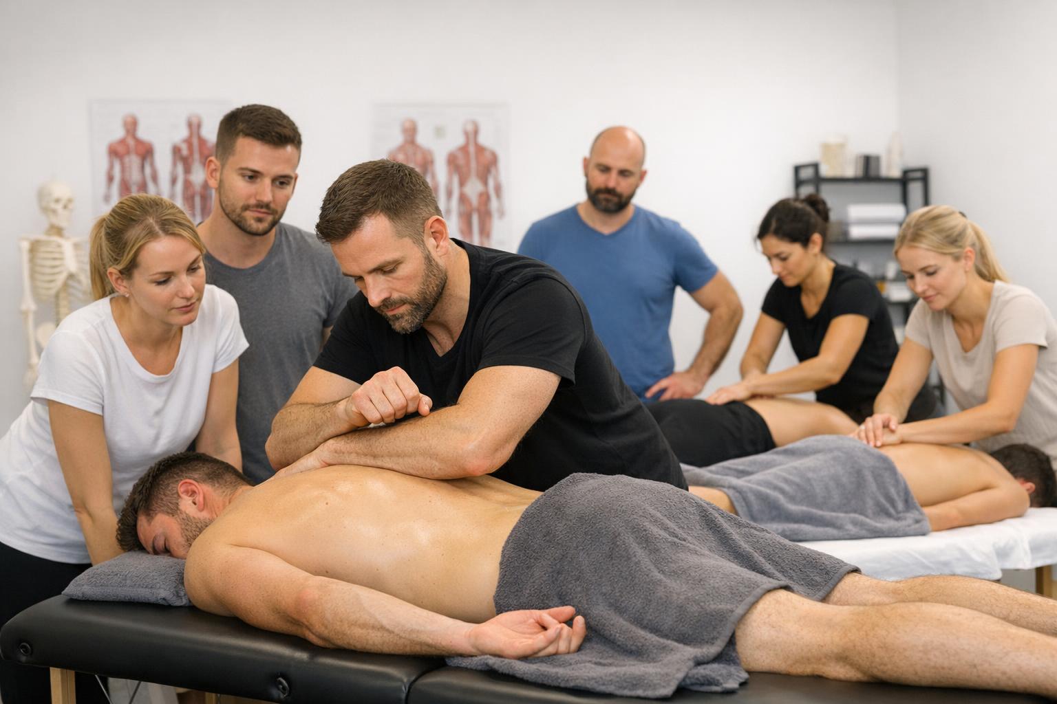 Zdjęcie kursantów podczas zajęć praktycznych z masażu tkanek głębokich w sali szkoleniowej